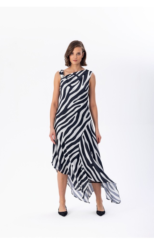 Desenli Asimetrik Elbise Siyah